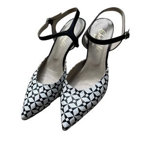 Cheville Black White  Leather Pointy Toe Slingback Made in Italy 6.5